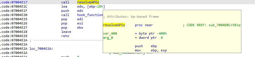 Figure 15. Function call to the encrypted code before decryption (top) and after decryption (bottom)