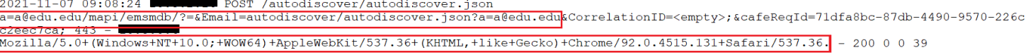 Figure 1. Exploiting CVE-2021-26855, as seen in the IIS logs