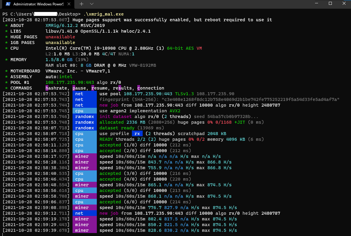 Figure 8. Custom XMRig running in the foreground