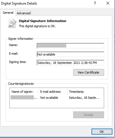 Figure 5. Digital signature found with Yanluowang ransomware samples