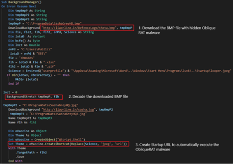 Figure 11. Malicious macro codes will download, decode, and execute the ObliqueRat malware