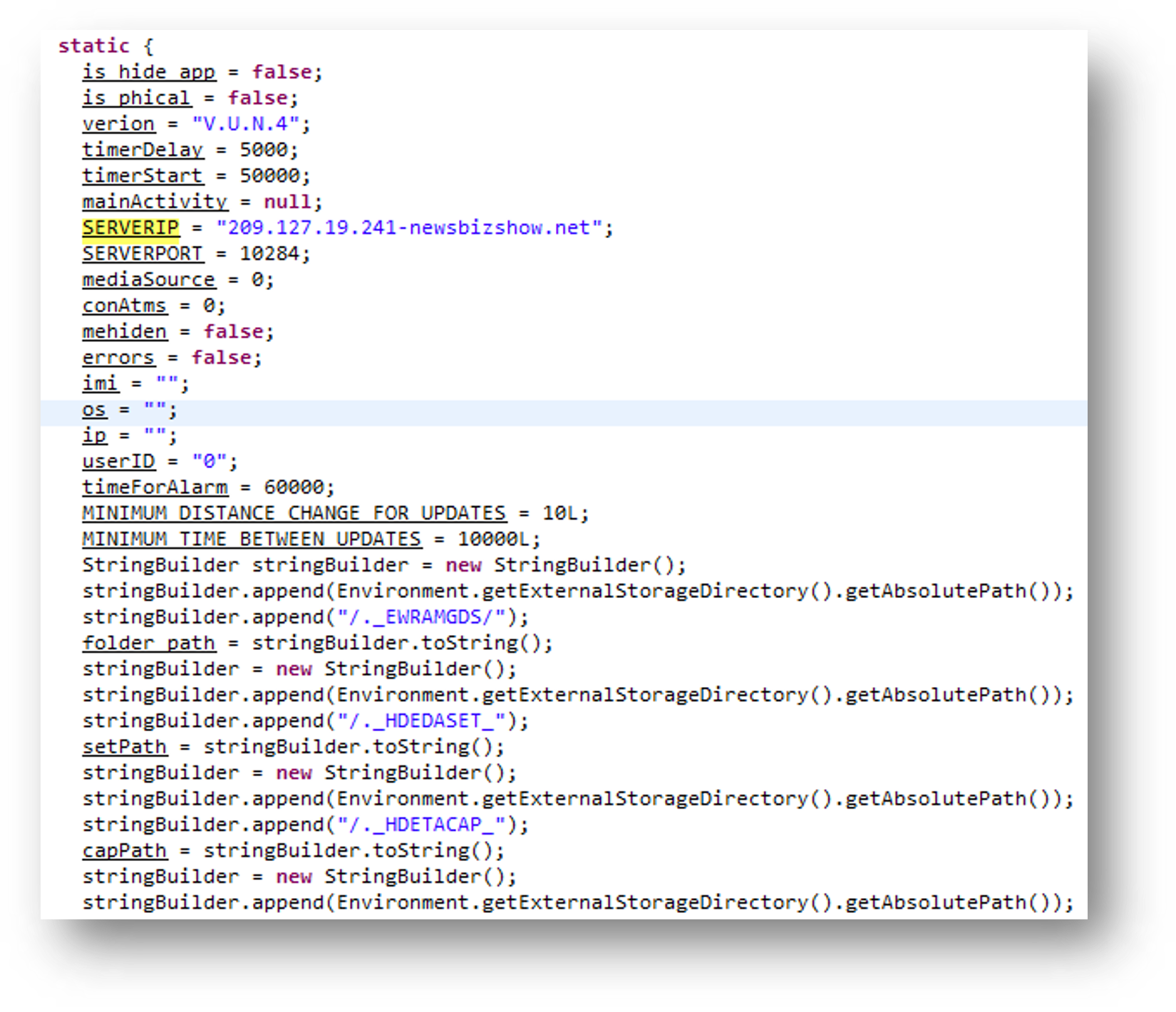 Figure 16. CapraRAT config showing its C&C server and port information 