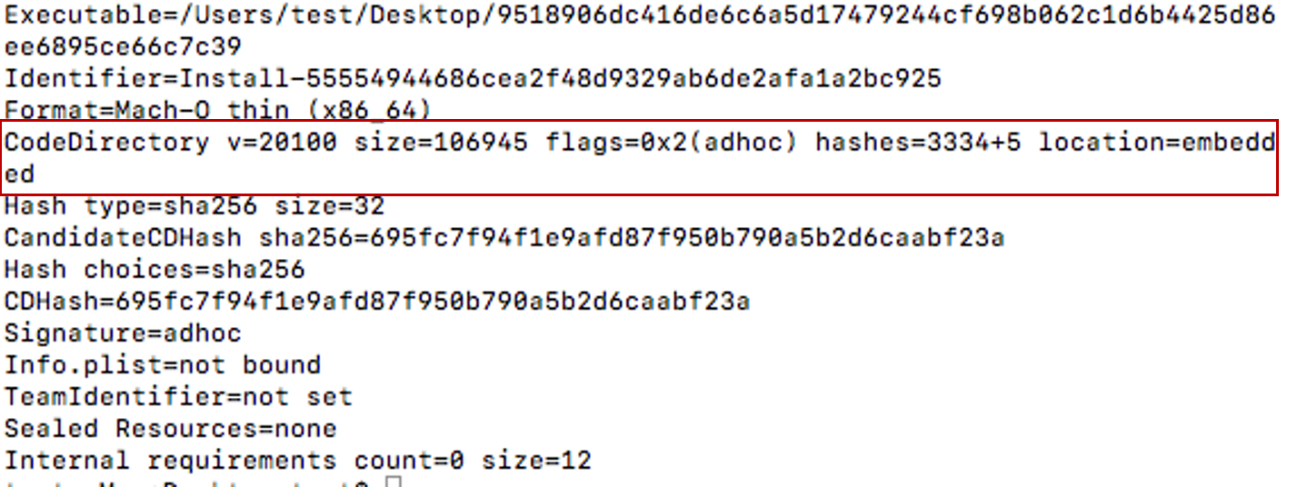 Figure 1. Digital signature for Mach-O sample, which has been ad hoc-signed