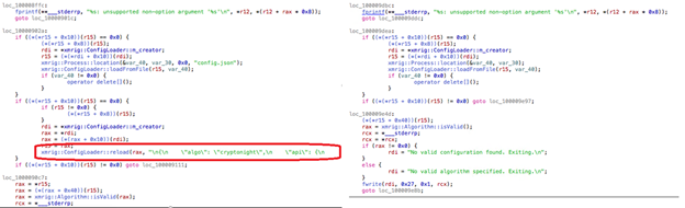 Figure 11. Comparison for malware samples (right) and XMRig binary (left). Note the usage of the embedded JSON-formatted config file for the malware sample.