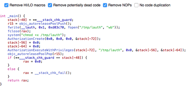 Figure 3. Code snippet using AuthorizationExecuteWithPrivileges API to escalate privileges by prompting the user for credentials