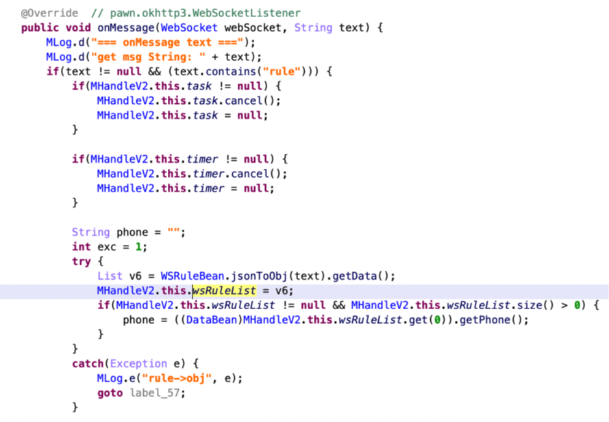 Figure 6. Code to receive regular expressions from the server through a WebSocket