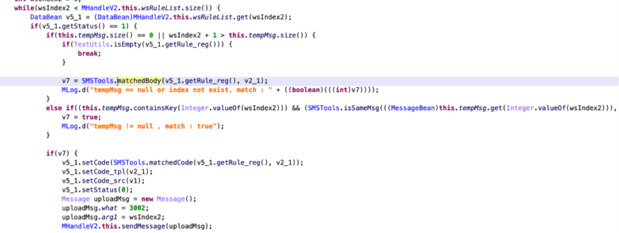 Figure 7. Code to send text messages that match the supplied regular expression