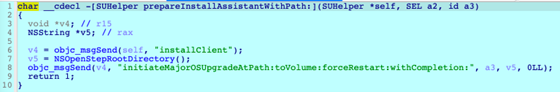 Figure 12. The implementation of the function “–[SUHelper prepareInstallAssitantWithPath:]”