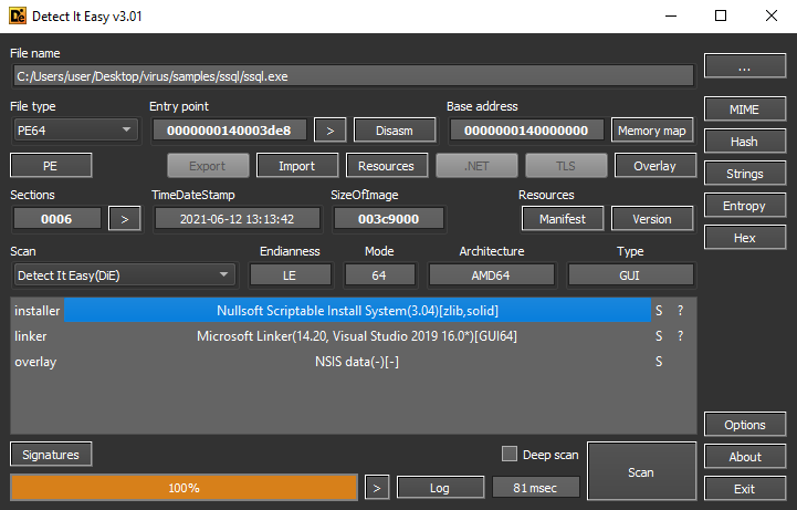 Figure 7. The ssql.exe dropper created through NullSoft