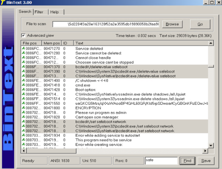 Figure 2. Commands such as "C:\Windows\SysNative\bcedit /set safeboot networkChanges" are embedded in the binary and can be viewed easily