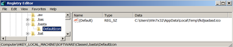 Figure 5. The registry keys added by the ransomware to change the icon of the files with the.basta extension