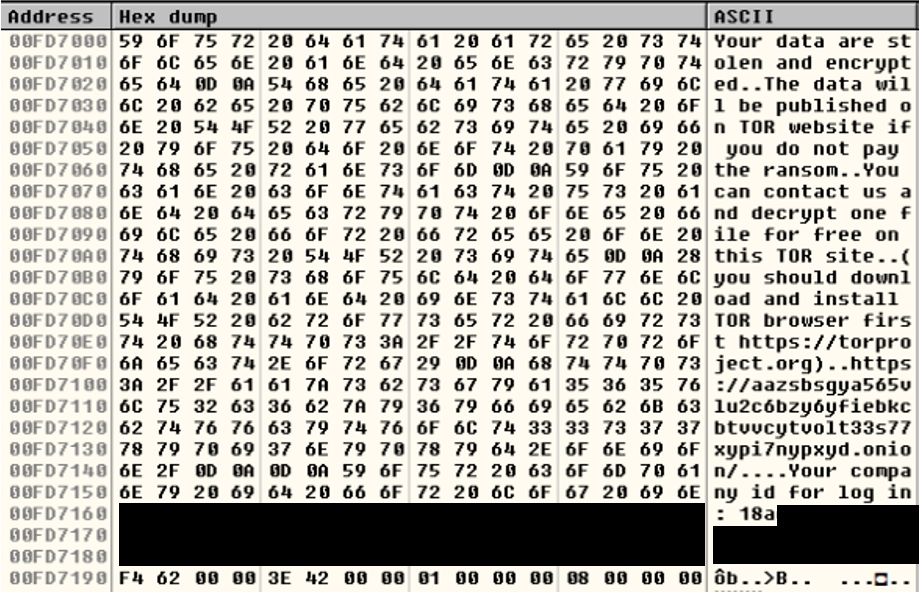 Figure 9. The company ID in the ransom note is hardcoded in the binary file