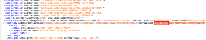 Figure 10. A code snippet from the manifest file of Cryptomining Farm Your own Coin indicating that the app was developed using Kodular