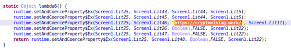 Figure 11. A snippet from the code of Cryptomining Farm Your own Coin showing the app wrapper used for the URL of the loaded website