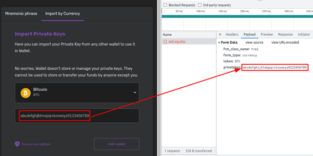 Figure 15. A test private key being sent to the server controlled by the malicious actors behind Cryptomining Farm Your own Coin