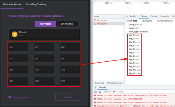 Figure 16. A mnemonic phrase being sent to the server controlled by the malicious actors behind Cryptomining Farm Your own Coin