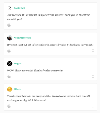 Figure 19. Likely fake comments found on the website loaded from Cryptomining Farm Your own Coin vouching for the legitimacy of the promised airdrop for 0.1 ether 