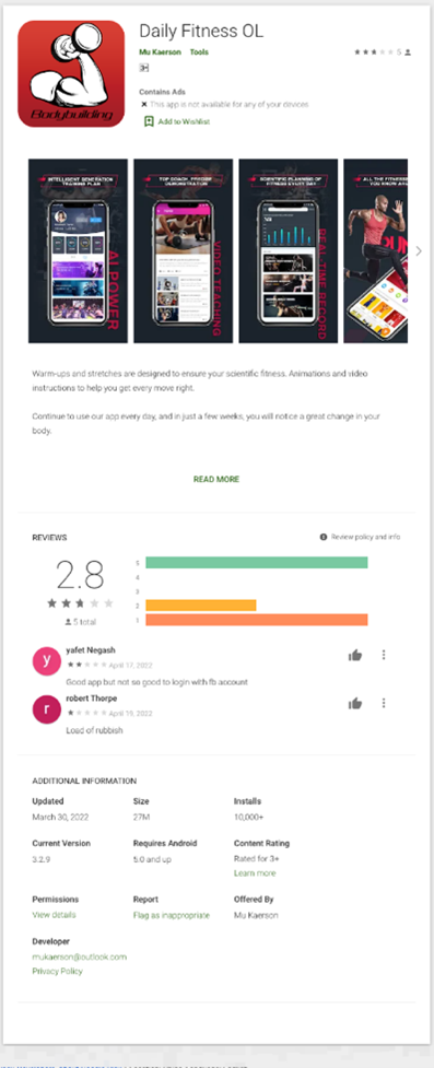 Figure 2. The Google Play page for Daily Fitness OL