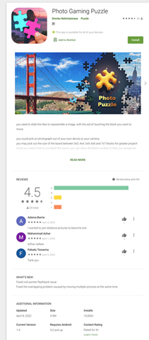 Figure 6. The Google Play page for Photo Gaming Puzzle