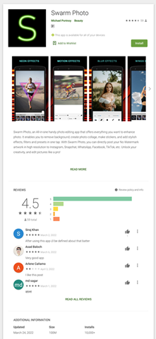 Figure 7. The Google Play page for Swarm Photo