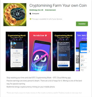 Figure 9. The Google Play page for Cryptomining Farm Your own Coin