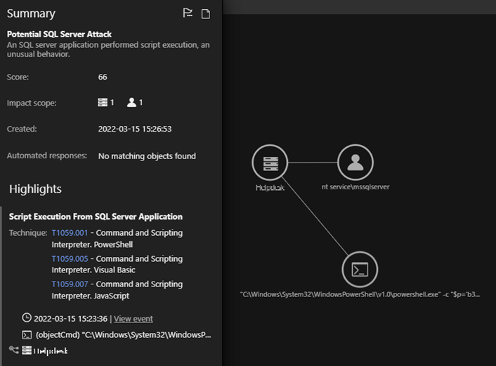 Figure 1. Trend Micro Vision One Workbench detection for the malicious SQL activity