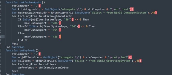 Figure 3. Partially decoded gfghhjhyuq.vbs used to check the operating system version through a WMI object