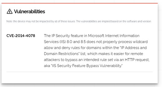 Figure 10. Vulnerability found through a Shodan scan on any public-facing machine