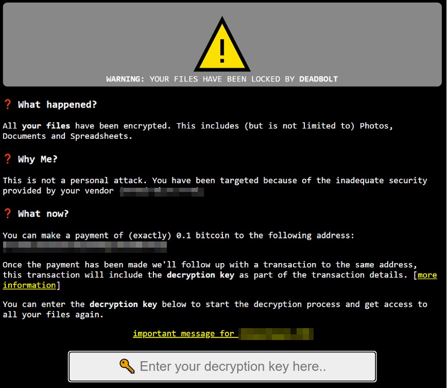 The DeadBolt ransom note that appears onscreen when victims try to access the web administration page of their NAS devices