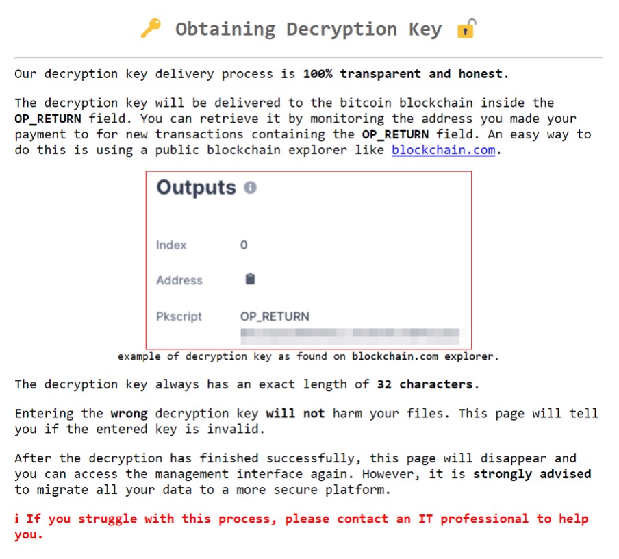 A pop-up message that provides more information about DeadBolt’s decryption key
