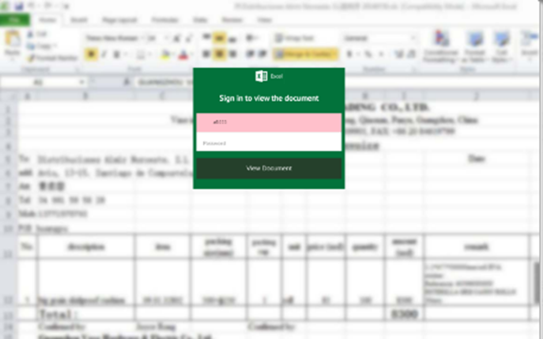 Phishing page disguised as an encrypted Excel file