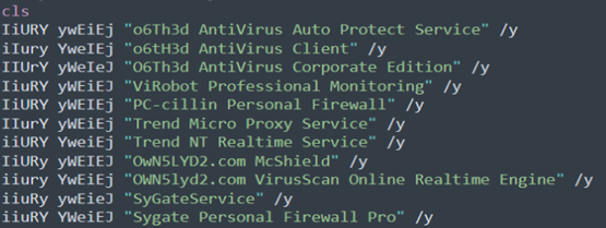 Figure 14. Code snippet showing YourCyanide stopping services and security software