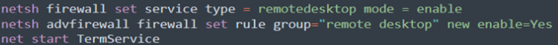 Figure 18. Using netsh commands for RDP connection