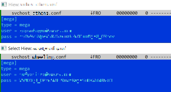 Figure 12. The.conf file containing the username and password of the account used to exfiltrate data from Rclone to MegaSync