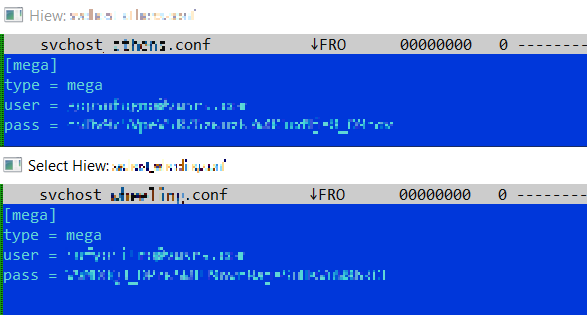 Figure 12. The .conf file containing the username and password of the account used to exfiltrate data from Rclone to MegaSync